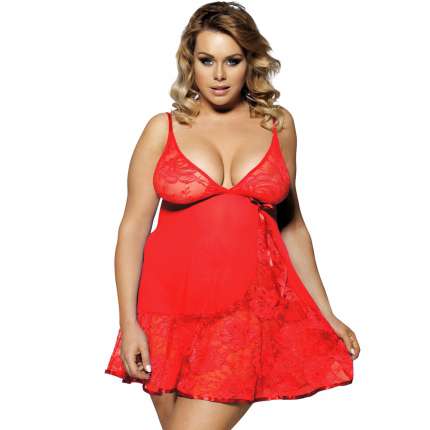 Babydoll De Encaje Floral En La Suave Rojo De Gran Tamaño,160082