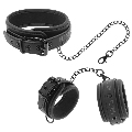 fetish submissive - vegan leather necklace and handcuffs with noprene lining