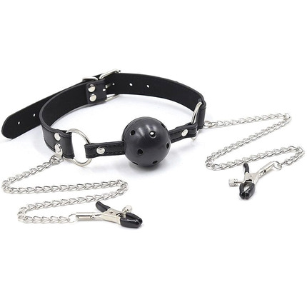 ohmama fetish - ball gag with vents and nipple clamps D-230067