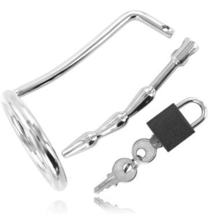 metal hard - testicle ring with urethral chastity plug D-205370