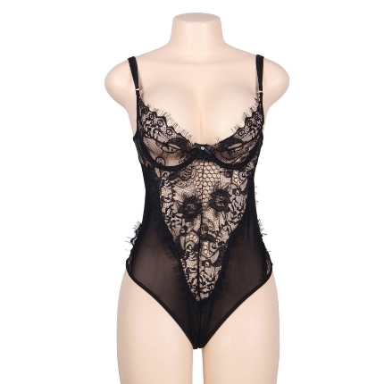 subblime - queen plus floral lace and fringed black teddy