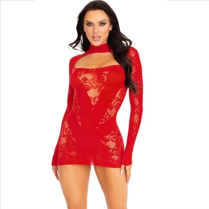 Mini Vestido Leg Avenue com Renda de Manga Comprida Vermelho