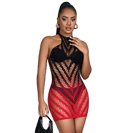 subblime - 952242 red and black degraded elastic fishnet bodystocking one size