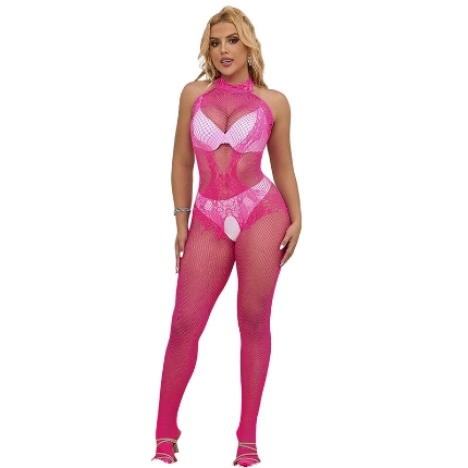 subblime - 952389 fishnet and lace crotchless bodystocking with high neck pink one size