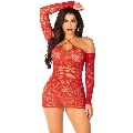 leg avenue - minivestido de rejilla con hombros descubiertos y manga larga rojo